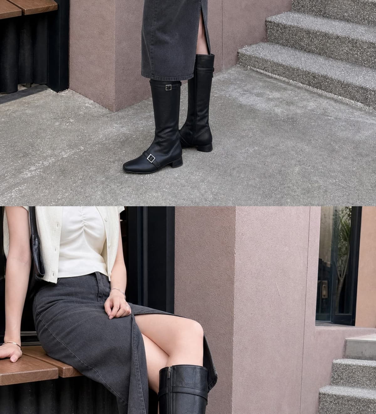 Buckled Strap Long Boots Black 상세