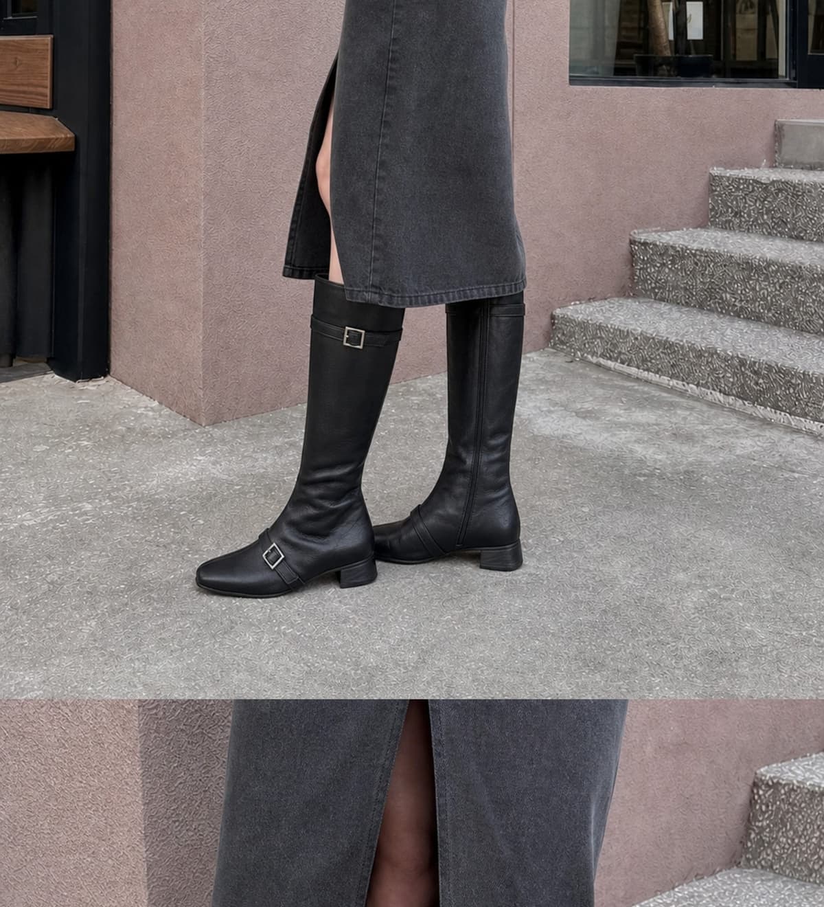 Buckled Strap Long Boots Black 상세