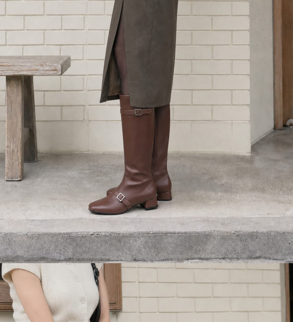 Buckled Strap Long Boots Brown 상세