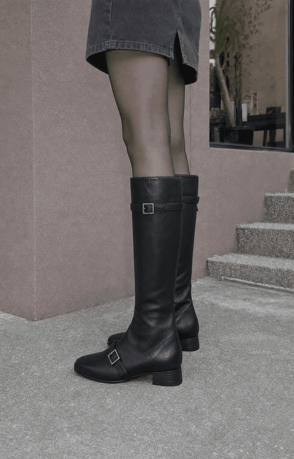Buckled Strap Long Boots Black styling